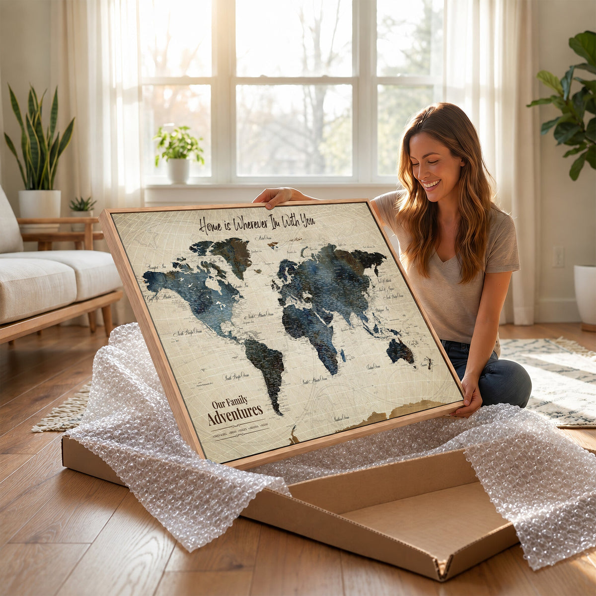 Personalized Framed Black Modern Push Pin Travel Map Canvas Print, Family Travel Tracker, Home Office and Entryway Decor