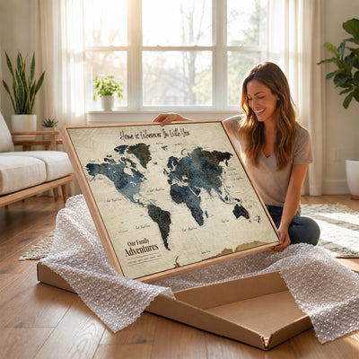 Personalized Framed Black Modern Push Pin Travel Map Canvas Print, Family Travel Tracker, Home Office and Entryway Decor