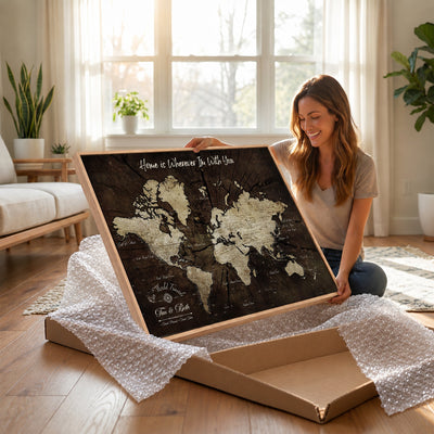 Personalized Watercolor Push Pin World Map Canvas Wall Art, Custom Framed Travel Map - NEWMAP-094