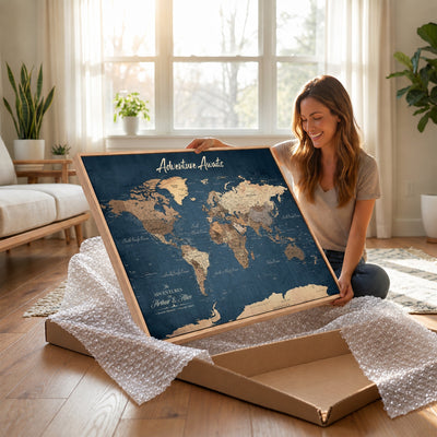 Personalized White Vintage World Travel Map Wall Art with Pins, Next Trip Planner Map, Family Room and Dining Room Decor