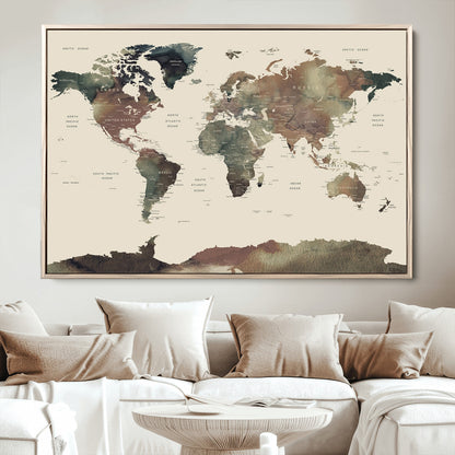 Push Pin World Map Canvas Print – Framed Wall Art for Couples to Track Their Travels – Anniversary Gift or Home Adventure Decor