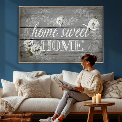Home Sweet Home Sign Wall Art Canvas Print, Floral Farmhouse Decor