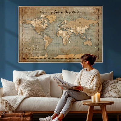 97123877-MGV-CV-36X24 - Vintage Custom Push Pin World Map Print | Vintage Travel Map Canvas, Personalized Names Anniversary Gift, Places Visited Pin Board