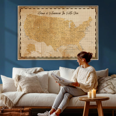 62164711-MGV-CV-36X24 - Personalized USA Push Pin Travel Map, Custom United States Map, Push Pin Map, USA Bucket List Map, Anniversary Gift - Couple Travel Map Wall Art