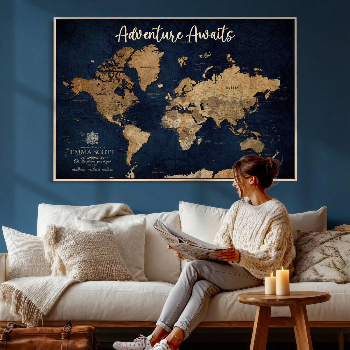 44399597-MGV-CV-36X24 - Custom Push Pin World Map Canvas Print | Personalized Travel Map Wall Art