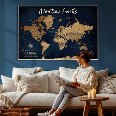 44399597-MGV-CV-36X24 - Custom Push Pin World Map Canvas Print | Personalized Travel Map Wall Art