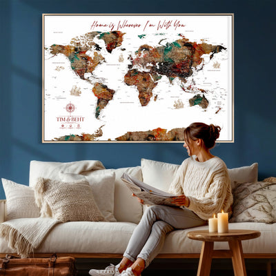 116MESUT-MGV-CV-36X24 - Custom Push Pin World Map Canvas Print | Personalized Travel Map Wall Art