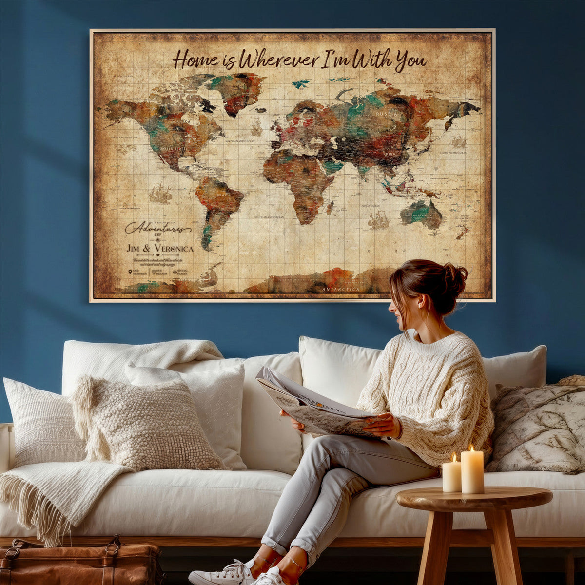 48389322-MGV-CV-36X24 - Custom Push Pin World Map Canvas Print | Personalized Travel Map Wall Art