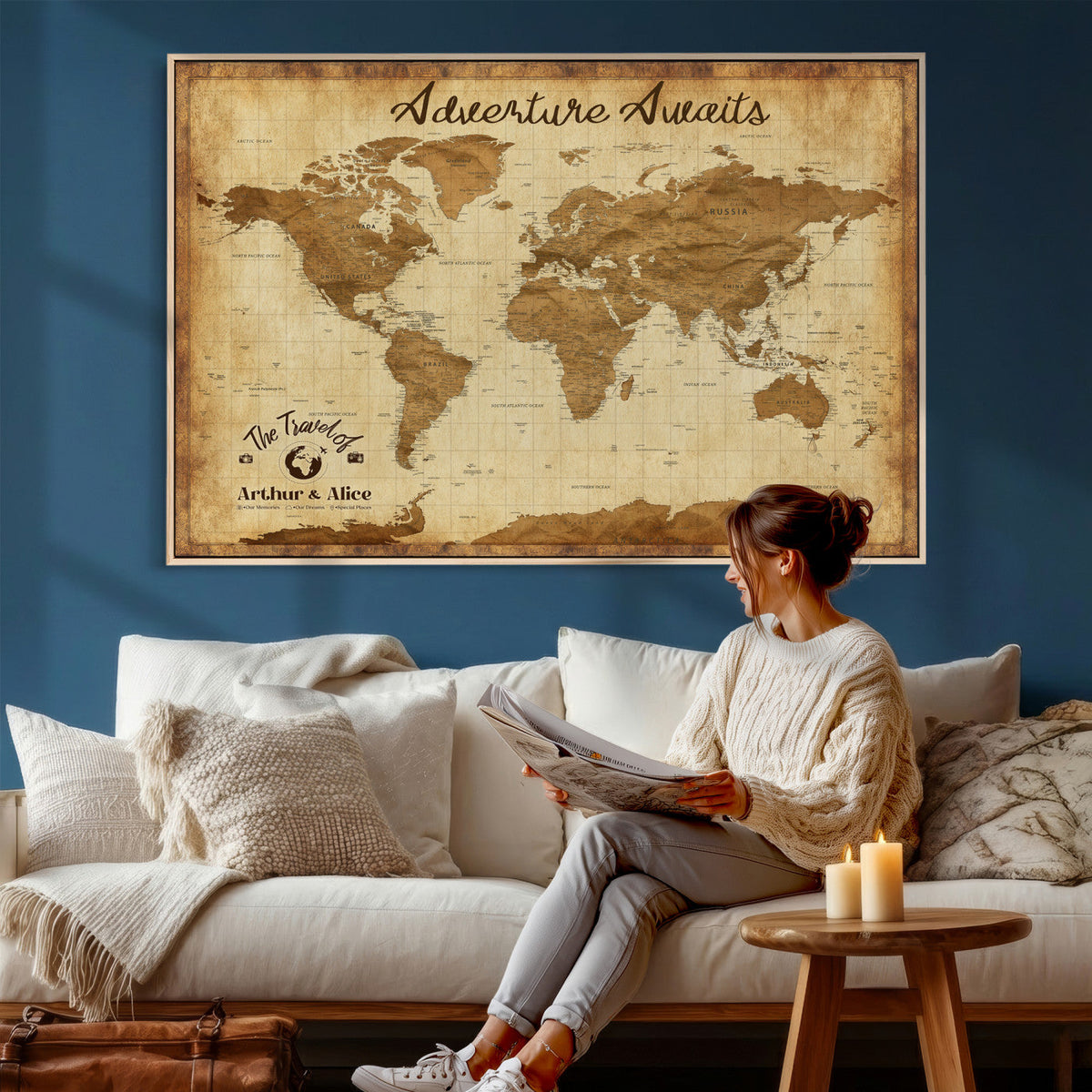43427501-MGV-CV-36X24 - Custom Push Pin World Map Canvas Print | Personalized Travel Map Wall Art