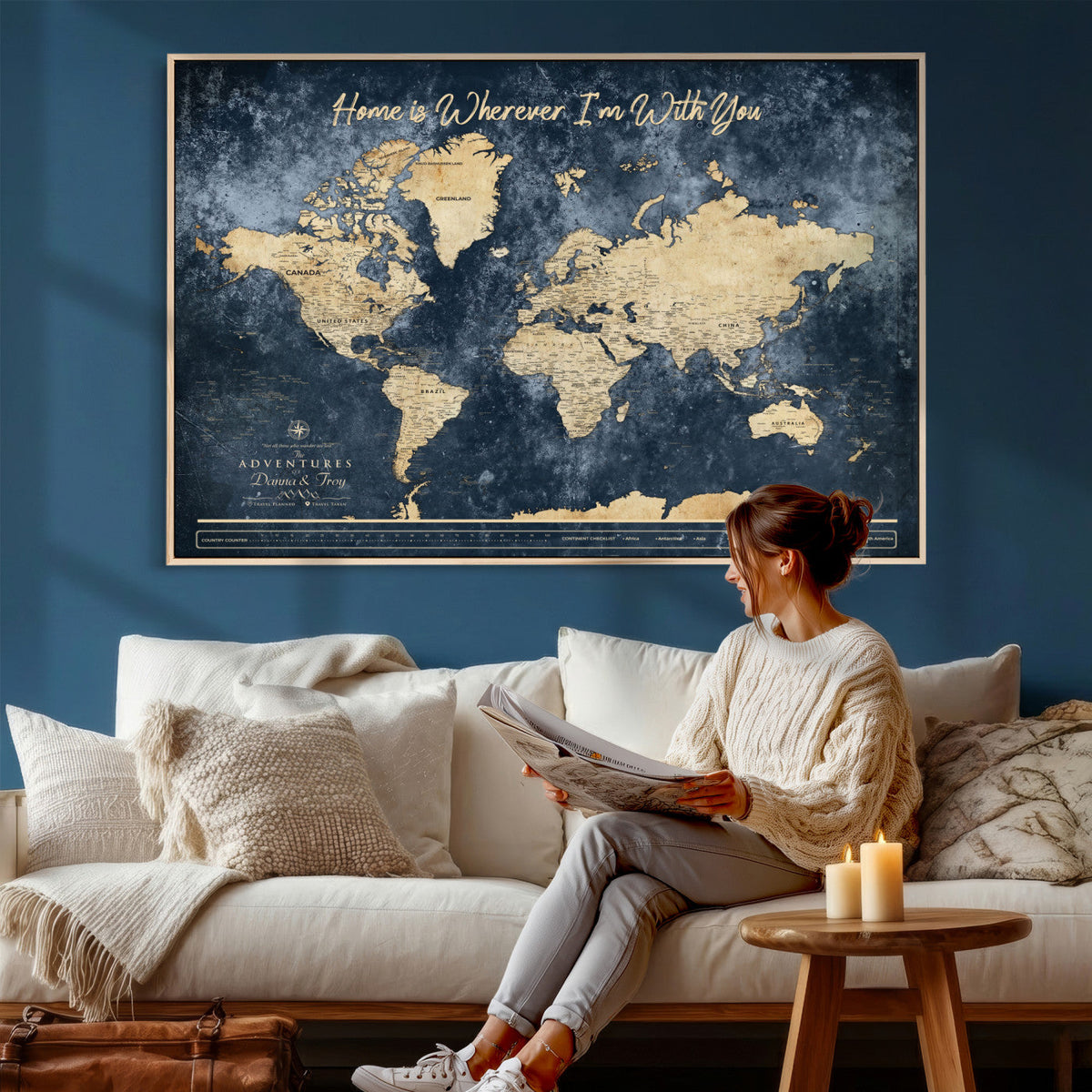 400867BL-MGV-CV-36X24 - Framed Blue Custom Push Pin World Map Canvas Print | Personalized Travel Map Wall Art
