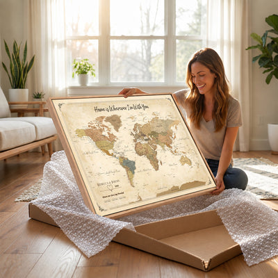 40086165-MGV-TP-30X20 - Framed Vintage Custom Push Pin World Map Canvas Print | Personalized Travel Map Wall Art
