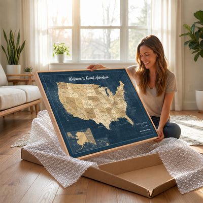 58851035-MGV-CV-36X24 - Custom Cream Push Pin USA Map Canvas Print, 50 State Bucket List Map, Family Room and Hallway Decor