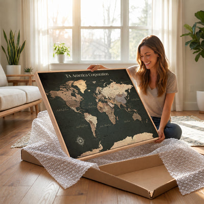 55857205-MGV-CV-36X24 - Extra Large Framed Personalize Push Pin World Map Wall Art Canvas Print for Travel Tracking