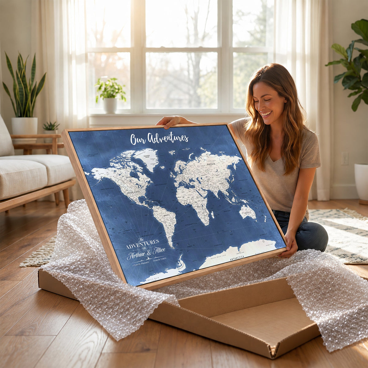 75405527-MGV-CV-36X24 - Extra Large Framed Personalize Push Pin World Map Wall Art Canvas Print for Travel Tracking - NEWMAP-113A
