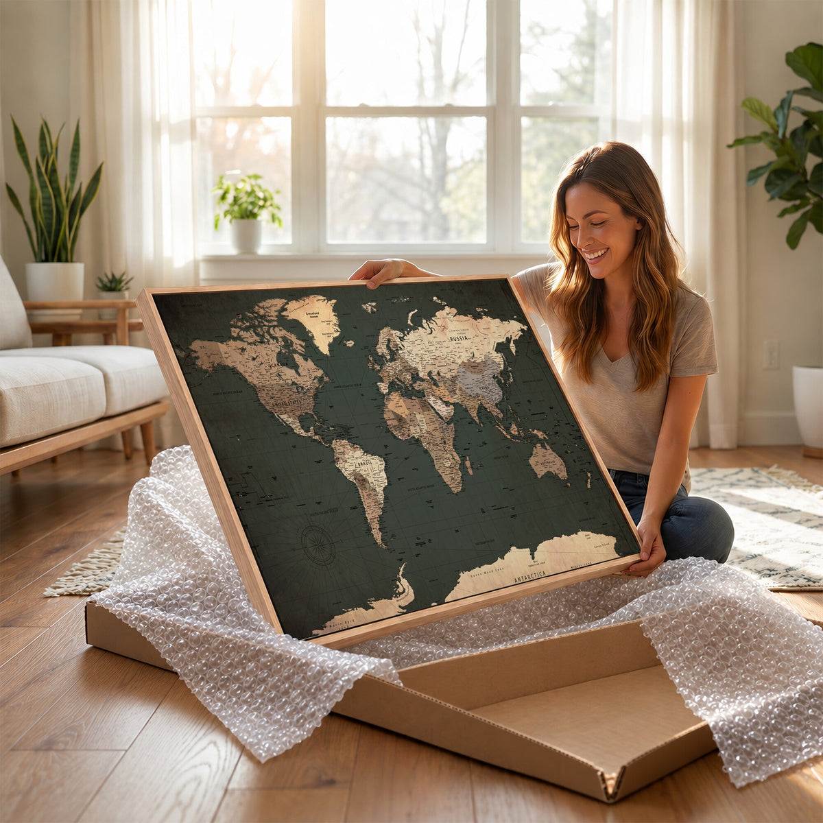 42327656-MGV-CV-36X24 - Extra Large Framed Personalize Push Pin World Map Wall Art Canvas Print for Travel Tracking - NEWMAP-116