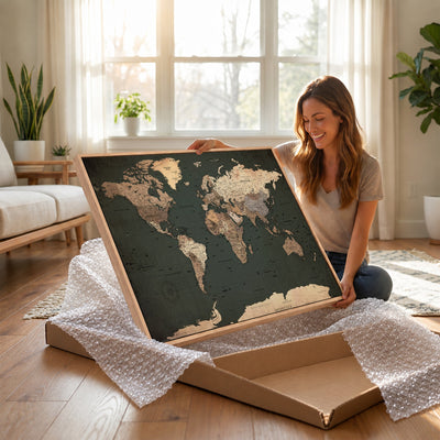 42327656-MGV-CV-36X24 - Extra Large Framed Personalize Push Pin World Map Wall Art Canvas Print for Travel Tracking - NEWMAP-116