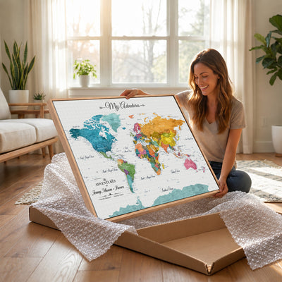 66743043-MGV-CV-36X24 - Extra Large Framed Personalize Push Pin World Map Wall Art Canvas Print for Travel Tracking - NEWMAP-131