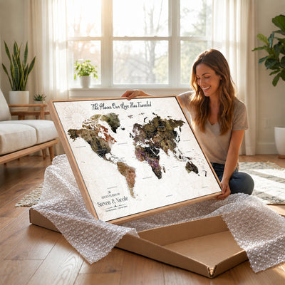 18074626D3D-MGV-CV-36X24 - Extra Large Framed Personalized Push Pin World Map Wall Art Canvas Print for Travel Tracking