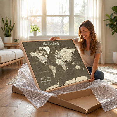 Personalized White Modern World Travel Map Wall Art with Pins, Honeymoon and Anniversary Gift, Living Room and Dining Room Decor