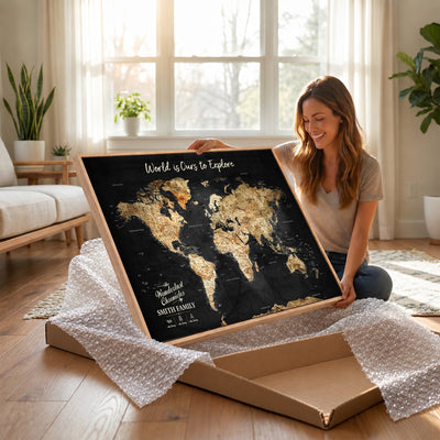 Personalized Beige Push Pin Travel Map Canvas Print, Family Travel Tracker, Bedroom and Entryway Decor