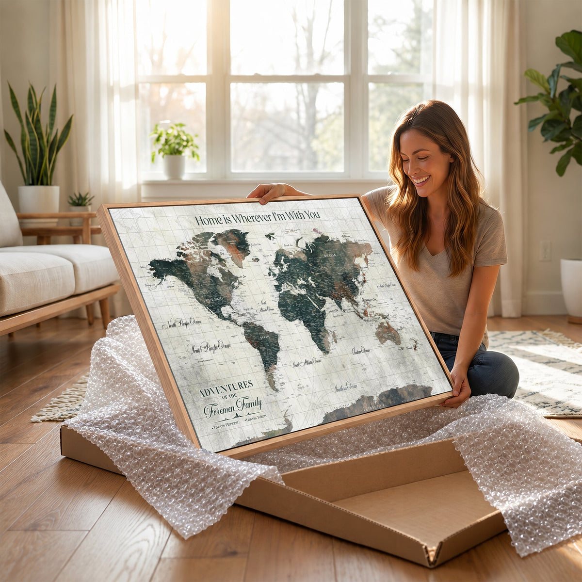 Personalized Framed Beige Push Pin Travel Map Canvas Print, Family Travel Tracker, Home Office and Hallway Decor