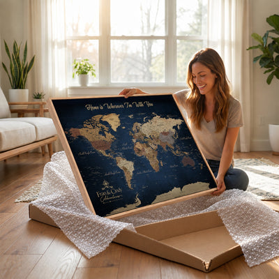 57774467-MGV-CV-36X24 - Custom Push Pin World Map Wall Art Canvas Print – Personalized Travel Tracker with Pins Framed Large for Home and Office Decor