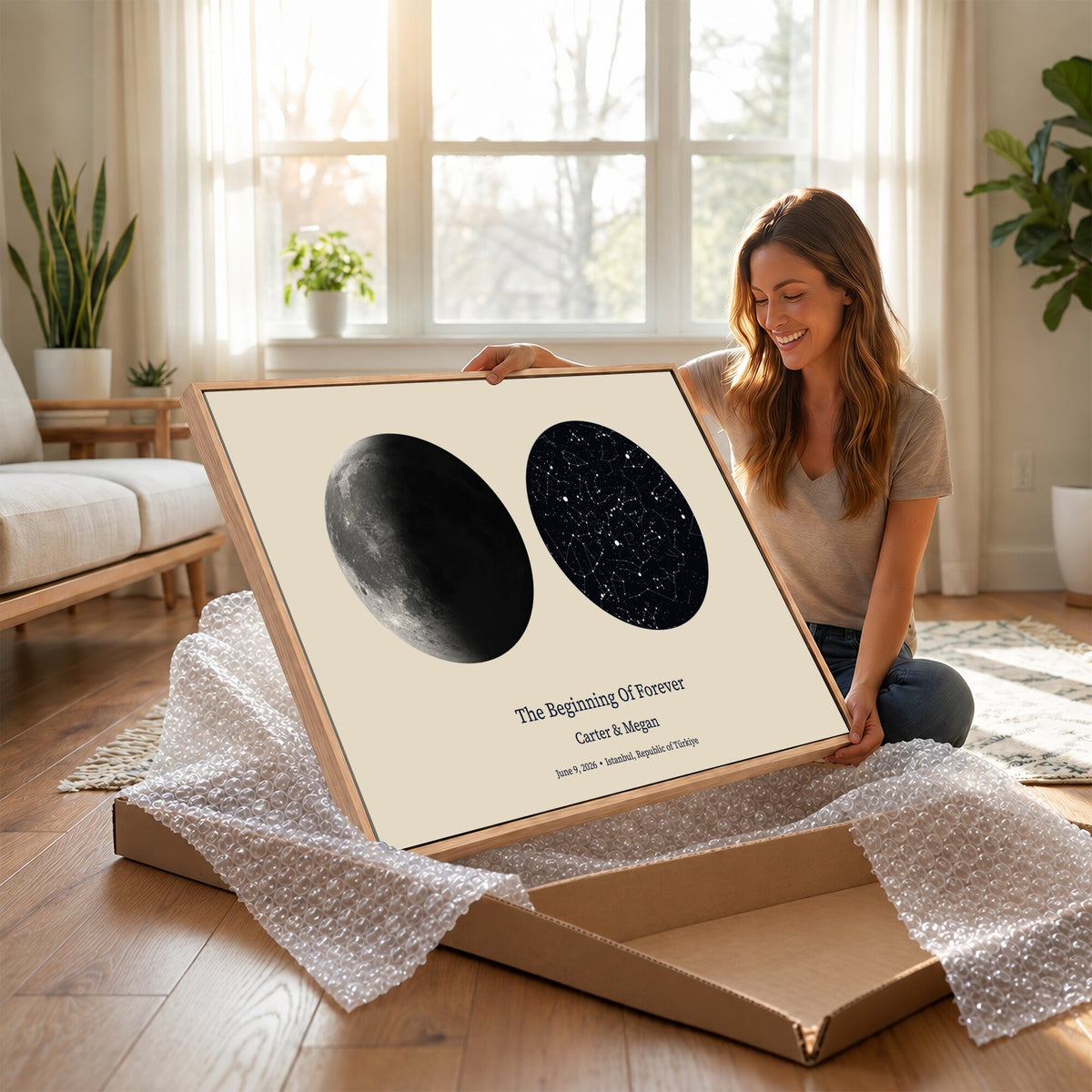 CSTM914LIRIKD-MGV-CV-36X24 - Moon and Stars Canvas Print – Personalized Moon Phase and Star Map Wall Art