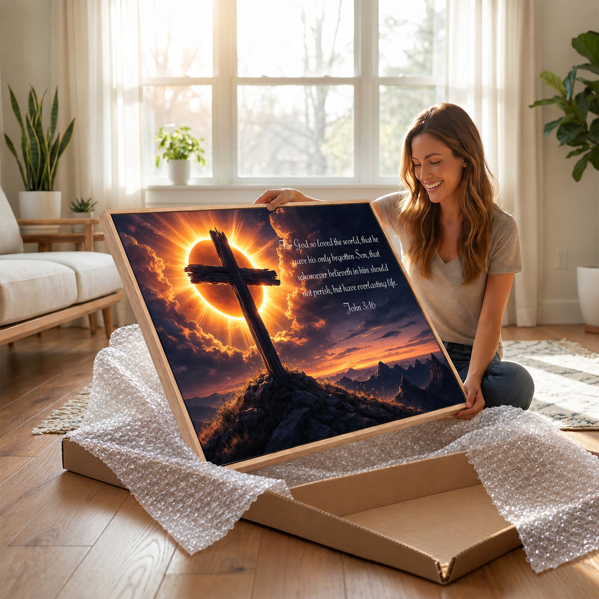 PatioSign02JSS-MGV-CV-36X24 - Custom Bible Verse Cross Canvas, Personalized Christian Wall Art