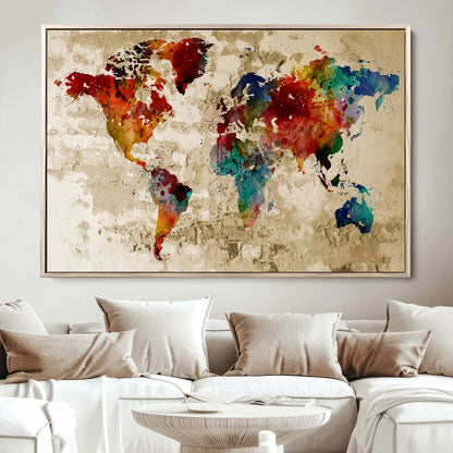 Push Pin World Map Canvas Print – Framed Wall Art for Couples to Track Their Travels – Anniversary Gift or Home Adventure Decor