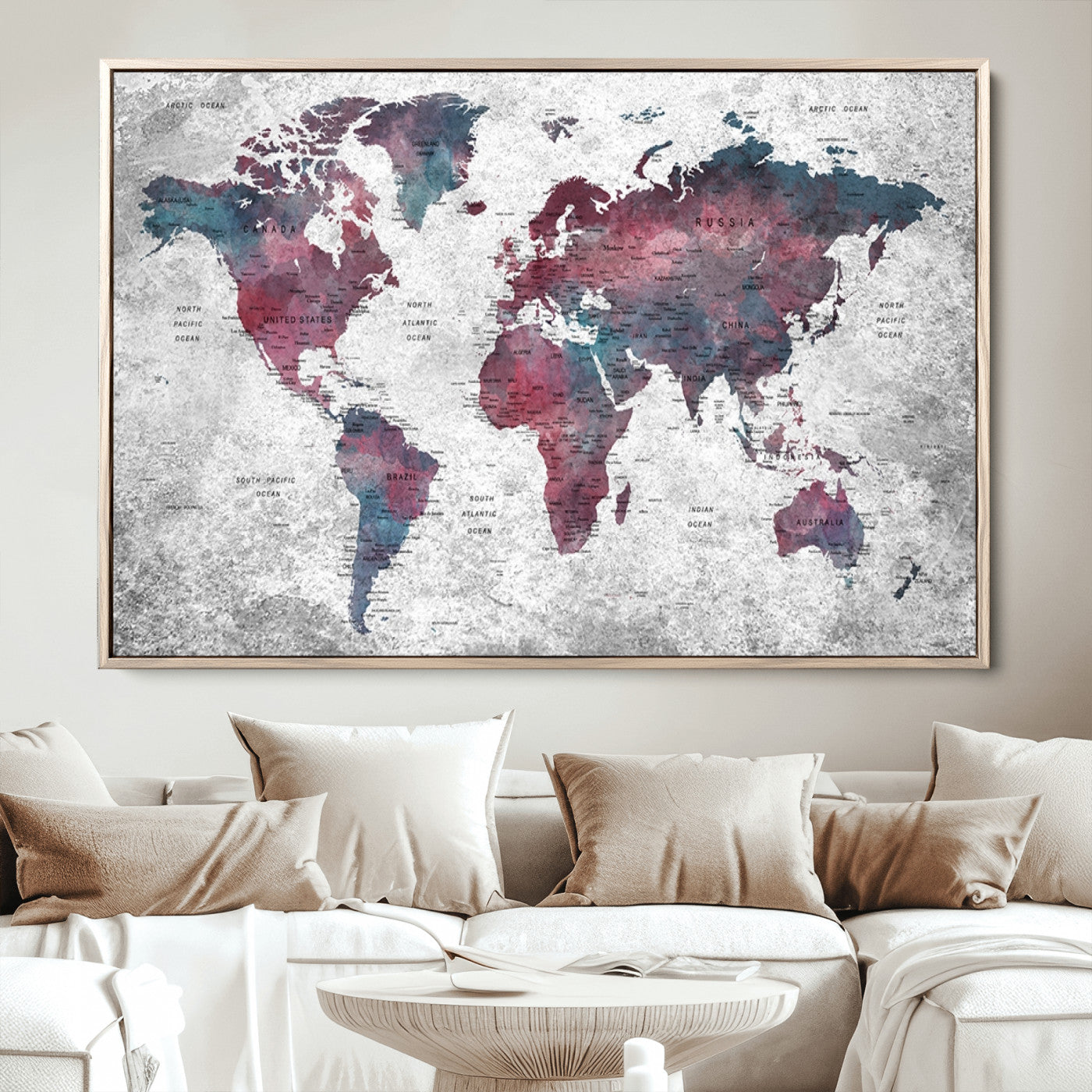Push Pin World Map Canvas Print – Framed Wall Art for Couples to Track Their Travels – Anniversary Gift or Home Adventure Decor