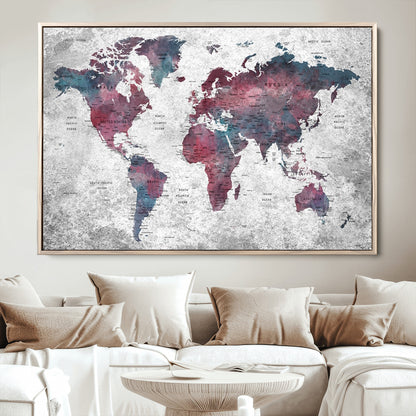 Push Pin World Map Canvas Print – Framed Wall Art for Couples to Track Their Travels – Anniversary Gift or Home Adventure Decor
