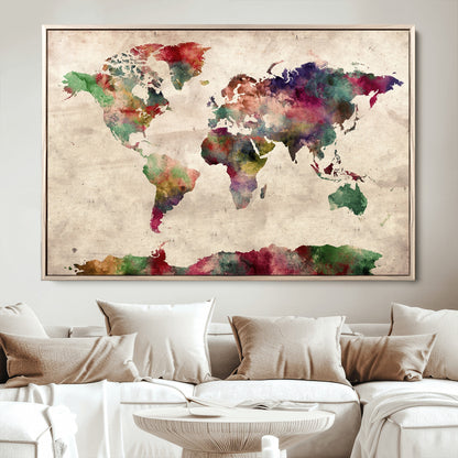Push Pin World Map Canvas Print – Framed Wall Art for Couples to Track Their Travels – Anniversary Gift or Home Adventure Decor