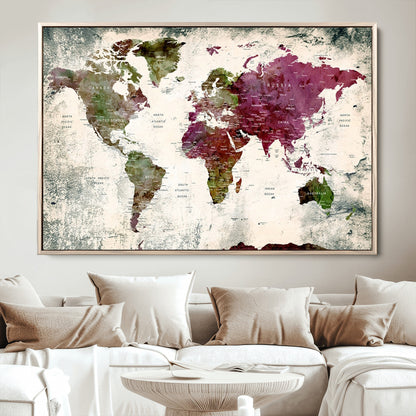 Push Pin World Map Canvas Print – Framed Wall Art for Couples to Track Their Travels – Anniversary Gift or Home Adventure Decor