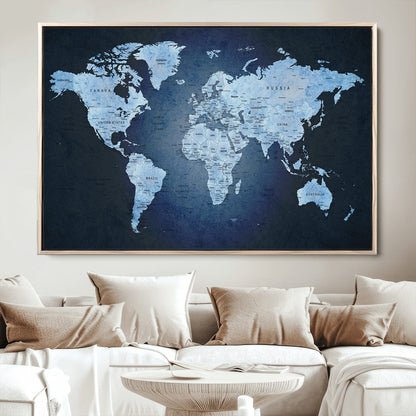 Push Pin World Map Canvas Print – Framed Wall Art for Couples to Track Their Travels – Anniversary Gift or Home Adventure Decor