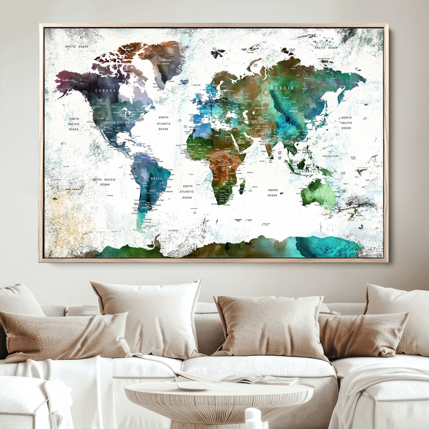 Push Pin World Map Canvas Print – Framed Wall Art for Couples to Track Their Travels – Anniversary Gift or Home Adventure Decor