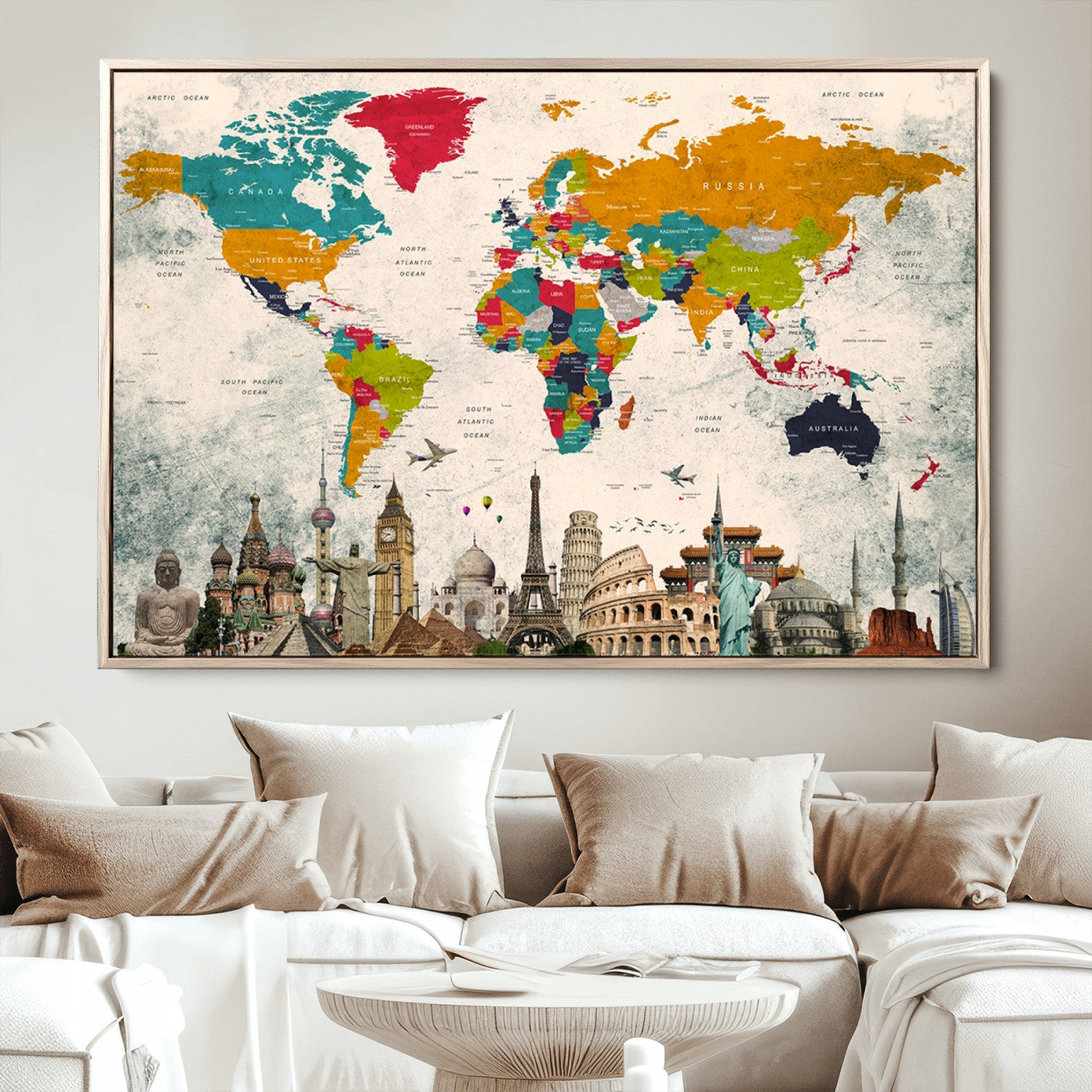Push Pin World Map Canvas Print – Framed Wall Art for Couples to Track Their Travels – Anniversary Gift or Home Adventure Decor