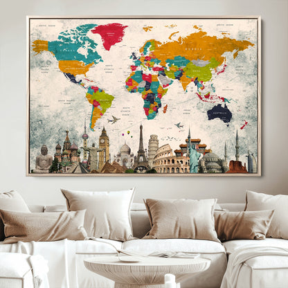 Push Pin World Map Canvas Print – Framed Wall Art for Couples to Track Their Travels – Anniversary Gift or Home Adventure Decor