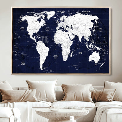 Push Pin World Map Canvas Print – Framed Wall Art for Couples to Track Their Travels – Anniversary Gift or Home Adventure Decor