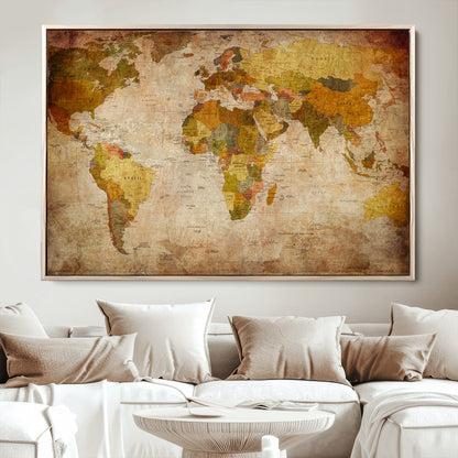 Push Pin World Map Canvas Print – Framed Wall Art for Couples to Track Their Travels – Anniversary Gift or Home Adventure Decor