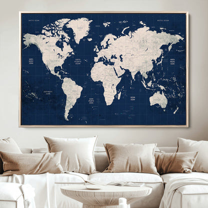 Push Pin World Map Canvas Print – Framed Wall Art for Couples to Track Their Travels – Anniversary Gift or Home Adventure Decor