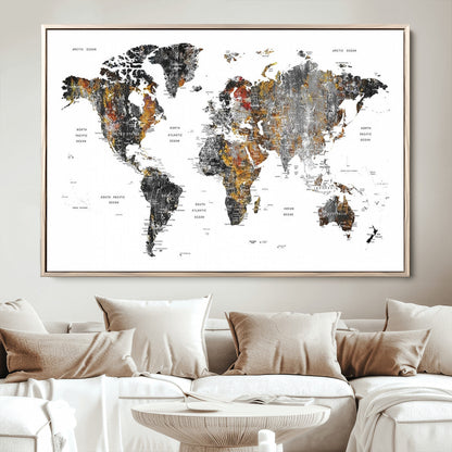 Push Pin World Map Canvas Print – Framed Wall Art for Couples to Track Their Travels – Anniversary Gift or Home Adventure Decor