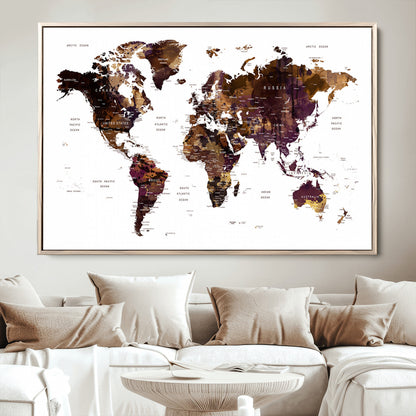 Push Pin World Map Canvas Print – Framed Wall Art for Couples to Track Their Travels – Anniversary Gift or Home Adventure Decor