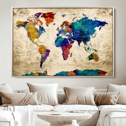 Push Pin World Map Canvas Print – Framed Wall Art for Couples to Track Their Travels – Anniversary Gift or Home Adventure Decor