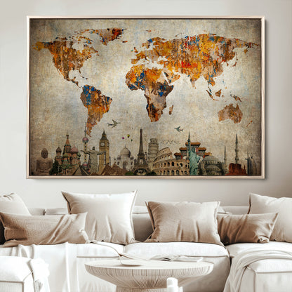 Push Pin World Map Canvas Print – Framed Wall Art for Couples to Track Their Travels – Anniversary Gift or Home Adventure Decor