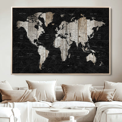 Push Pin World Map Canvas Print – Framed Wall Art for Couples to Track Their Travels – Anniversary Gift or Home Adventure Decor