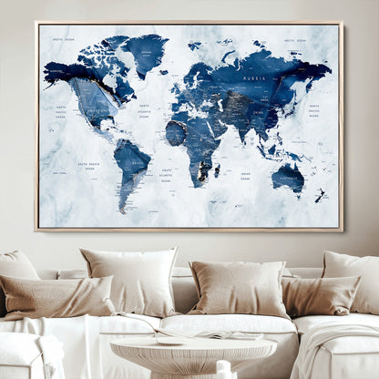 Push Pin World Map Canvas Print – Framed Wall Art for Couples to Track Their Travels – Anniversary Gift or Home Adventure Decor