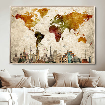 Push Pin World Map Canvas Print – Framed Wall Art for Couples to Track Their Travels – Anniversary Gift or Home Adventure Decor