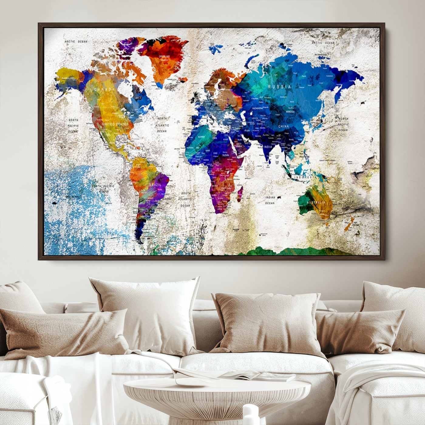 Push Pin World Map Canvas Print – Framed Wall Art for Couples to Track Their Travels – Anniversary Gift or Home Adventure Decor