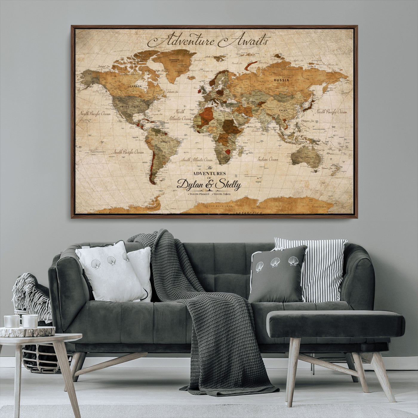20810820-MGV-CV-30X20-Personalized World Map Print, Customizable Push Pin Framed World Map Print on Canvas - Custom Quote on Map Print