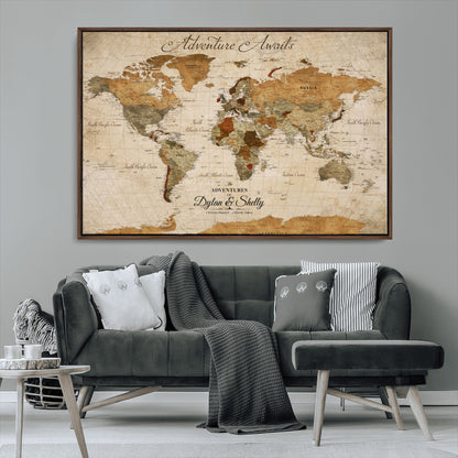 20810820-MGV-CV-30X20-Personalized World Map Print, Customizable Push Pin Framed World Map Print on Canvas - Custom Quote on Map Print